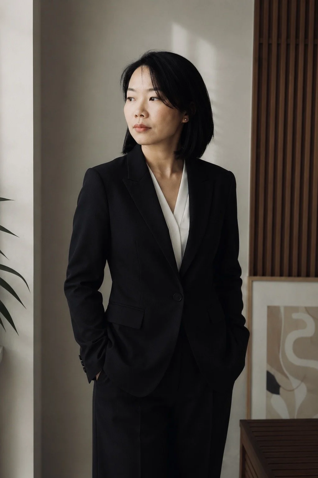 Professional portrait of a woman in a black suit and white blouse standing against a neutral interior background.