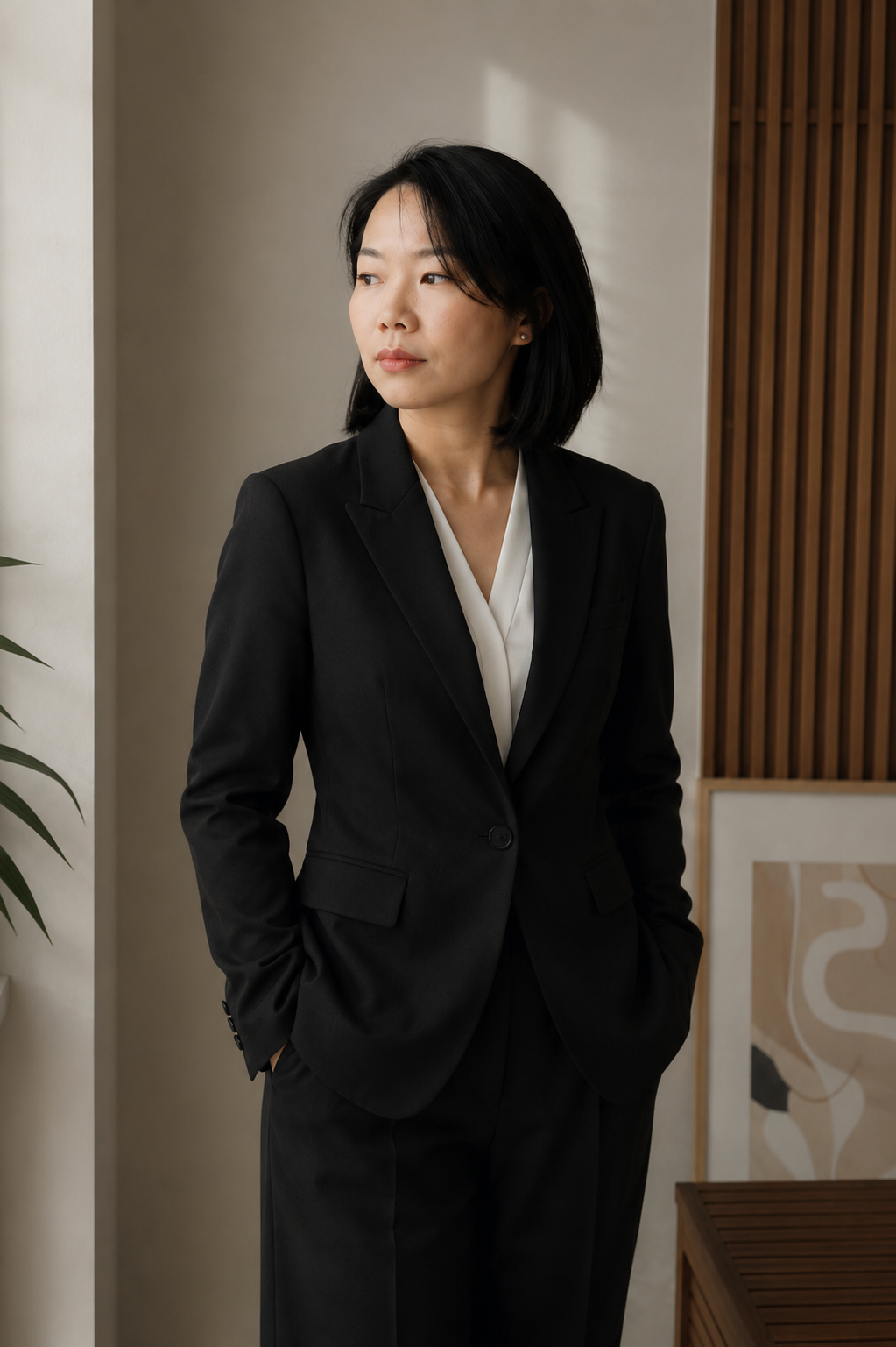Professional portrait of a woman in a black suit and white blouse standing against a neutral interior background.
