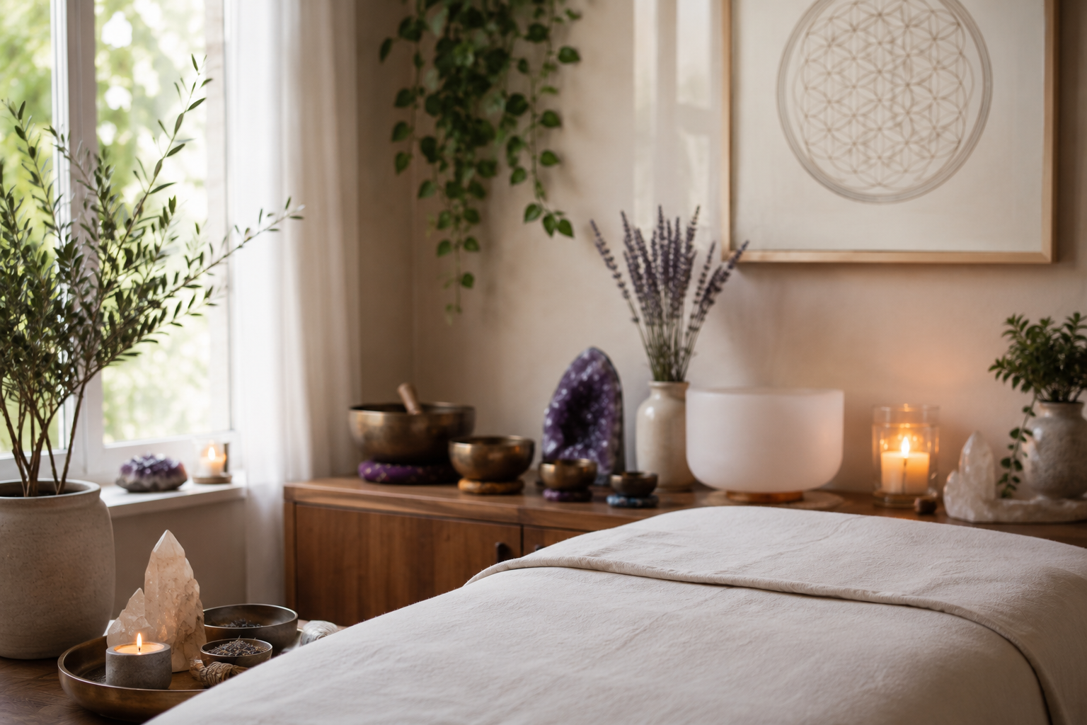 A bedroom with a healing or spa vibe featuring candles, a large amethyst geode, crystal, and sage on a tray, existing from natural light through a window, with green leafy plants, a white decor piece, and framed geometric artwork on the wall.