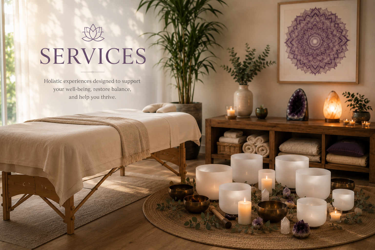 A massage therapy room with a massage table, candlelit decor, and a wooden shelf with towels and crystals, set for a holistic wellness session.