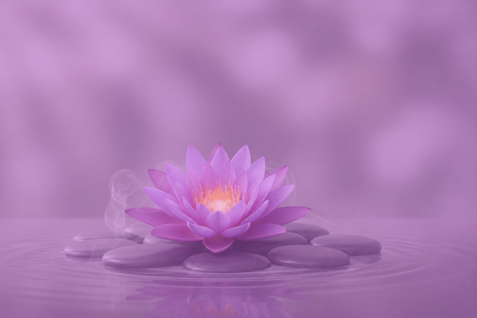 Pink and purple lotus flower floating on water with smooth stones and soft reflections, in a serene, misty background.