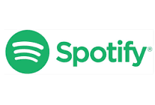 Spotify logo with green circle and white sound wave, and the word 'Spotify' in green text