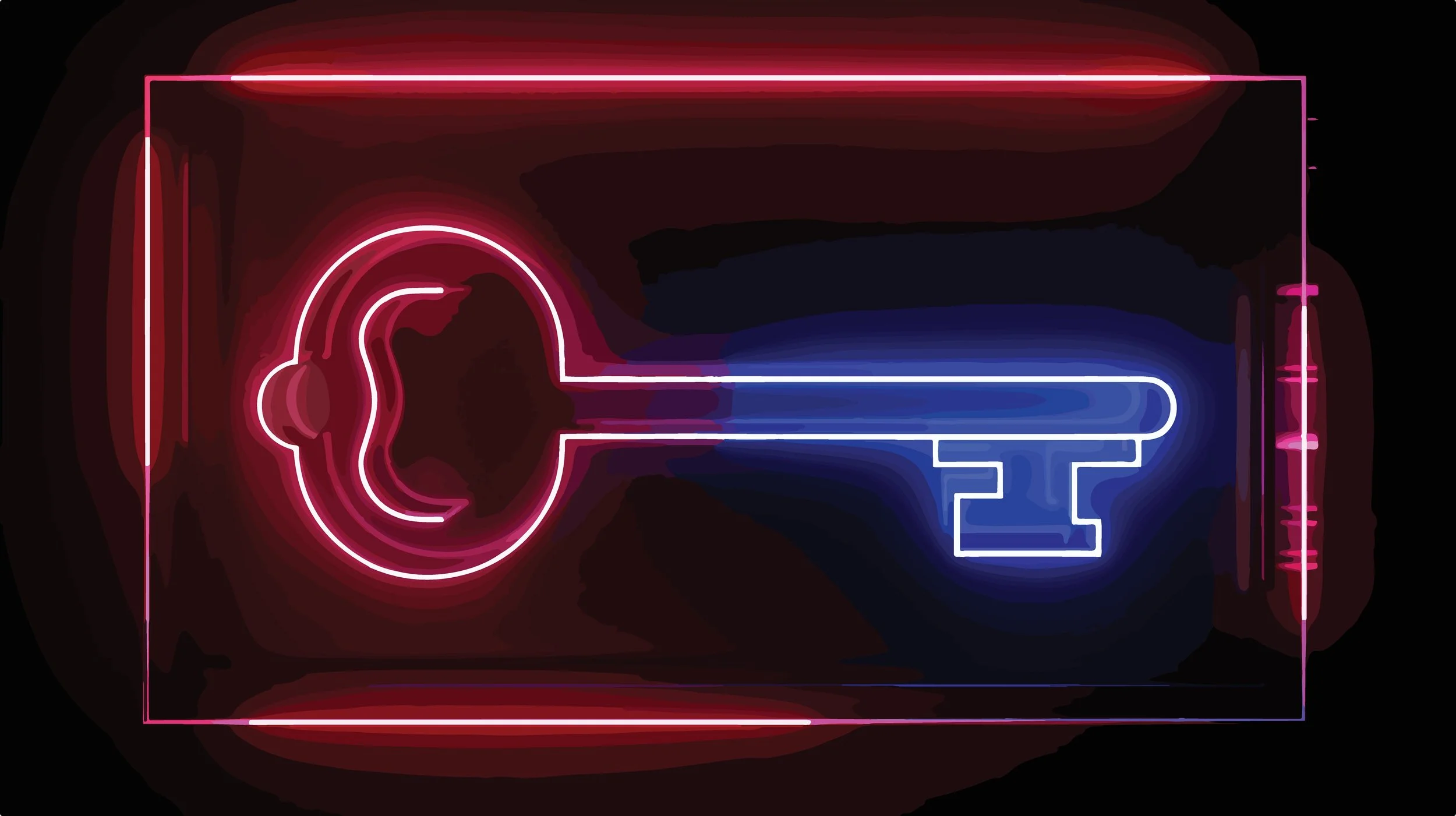 Colorful neon sign with lines and shapes, including a circular and rectangular design, glowing in red, pink, and blue against a dark background.