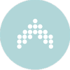 White arrow made of dots pointing upwards on a light blue circular background.