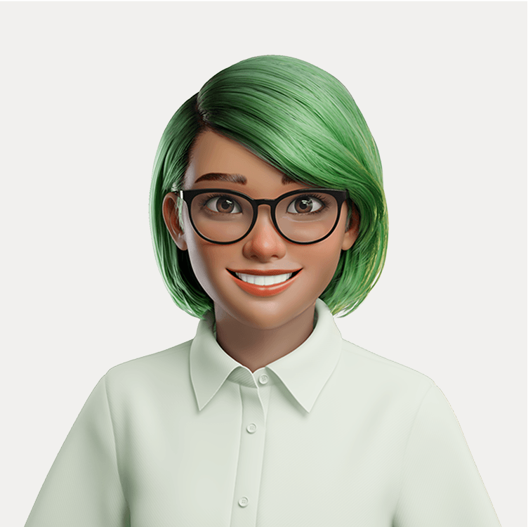 A woman with green hair, glasses, and a white button-up shirt smiling at the camera.