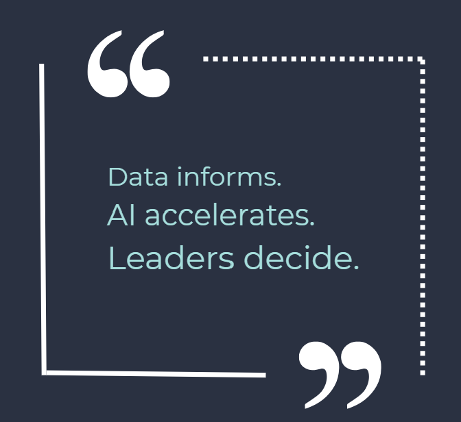 Quote graphic with text: "Data informs. AI accelerates. Leaders decide." on a dark blue background with white quotation marks and light blue text.