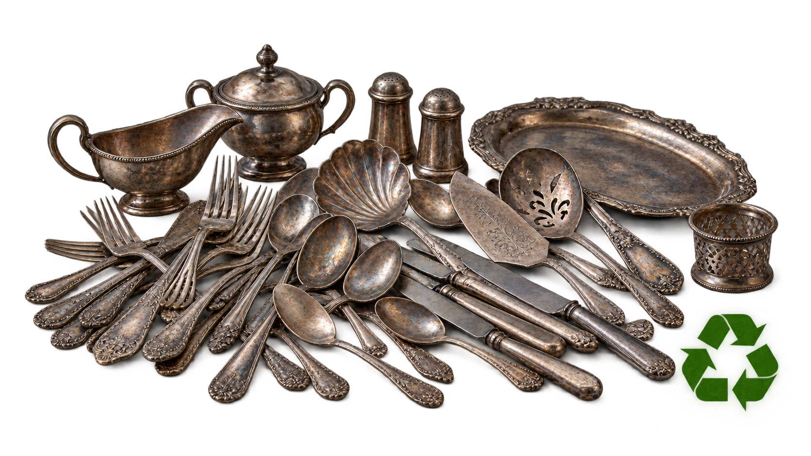 Assortment of tarnished silver-plated flatware and serving pieces beside a green recycling symbol