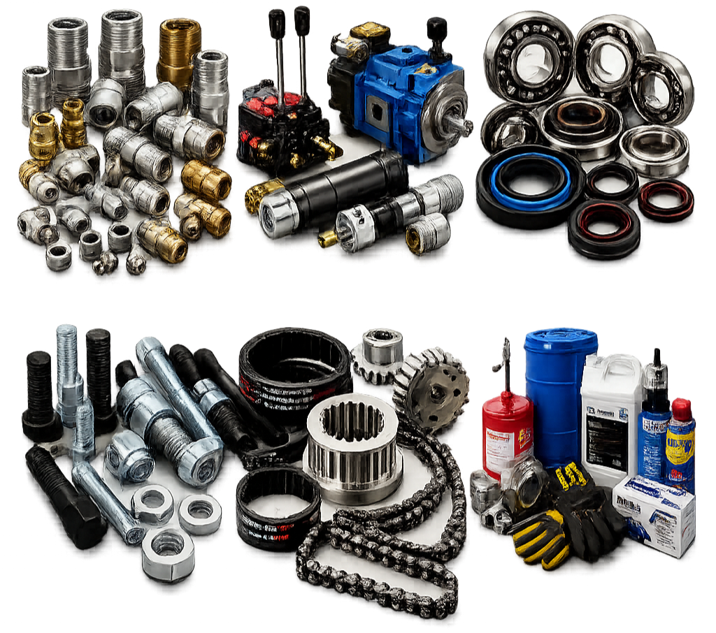An assortment of industrial and mechanical parts including bearings, seals, motor components, chains, lubricants, and tools.