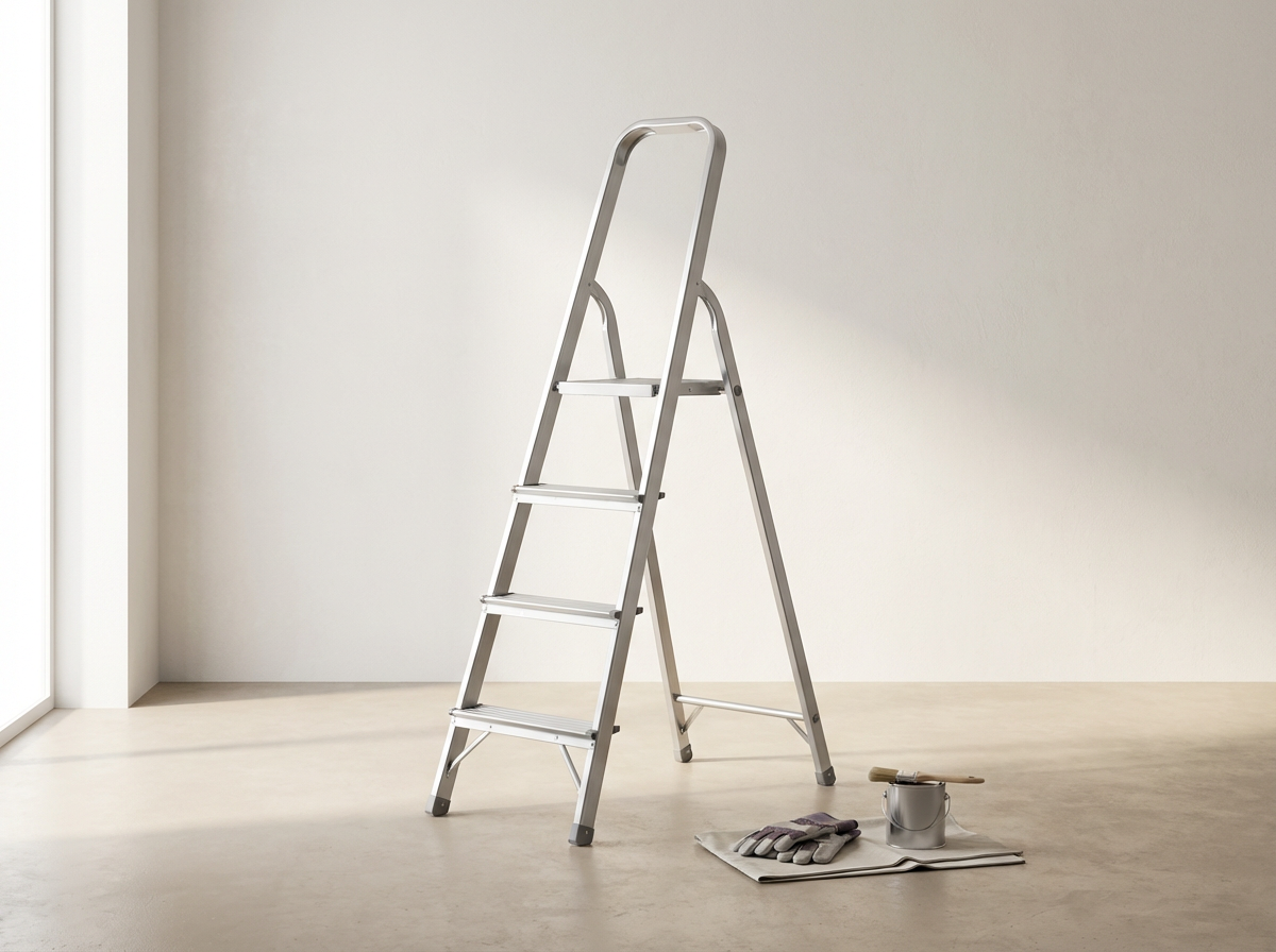 An empty room with a silver step ladder, a paint roller, gloves, and a paint can on a newspaper on the floor.