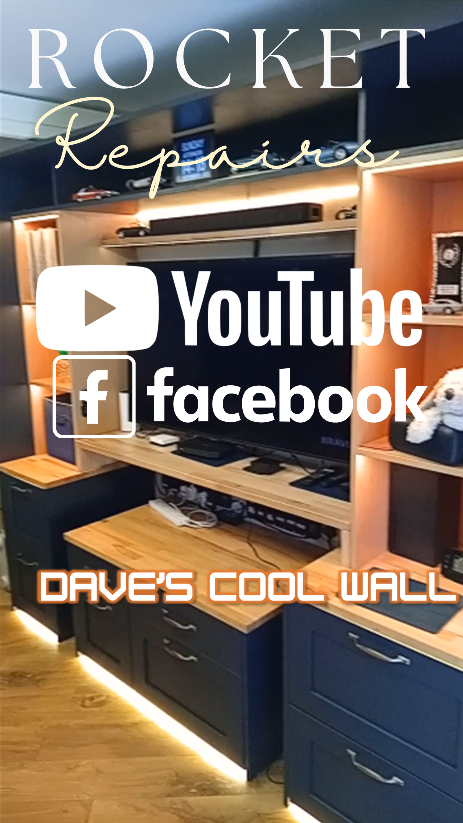 Interior of a custom blue and wood wall unit with a television, shelves with car models, and electronic devices, featuring warm lighting and hardwood flooring.