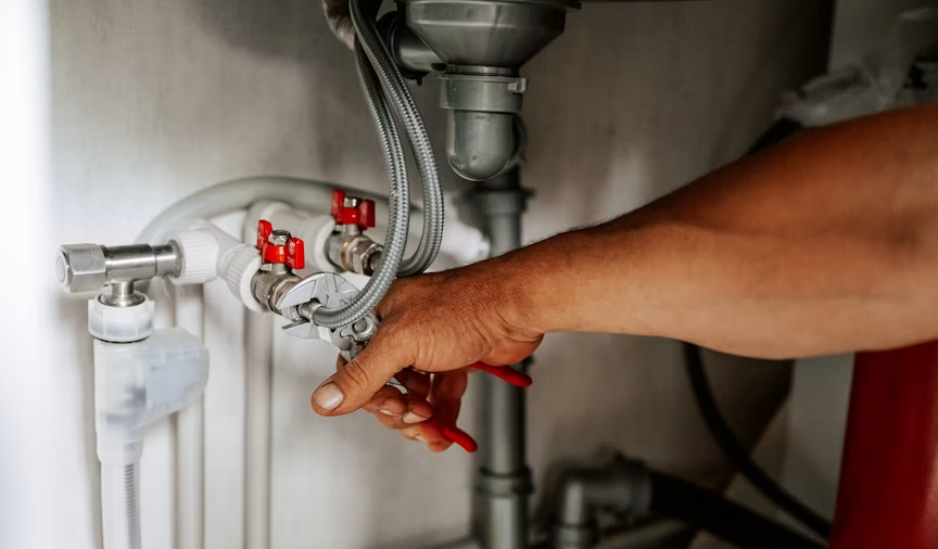 A person's arm is reaching under a kitchen sink to turn off a water valve using a red-handled valve key.