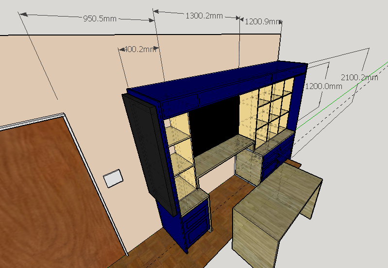 3D digital rendering of a blue and wood-colored entertainment center with shelves, cabinets, and a flat-screen TV, placed against a beige wall with dimensions marked in millimeters.