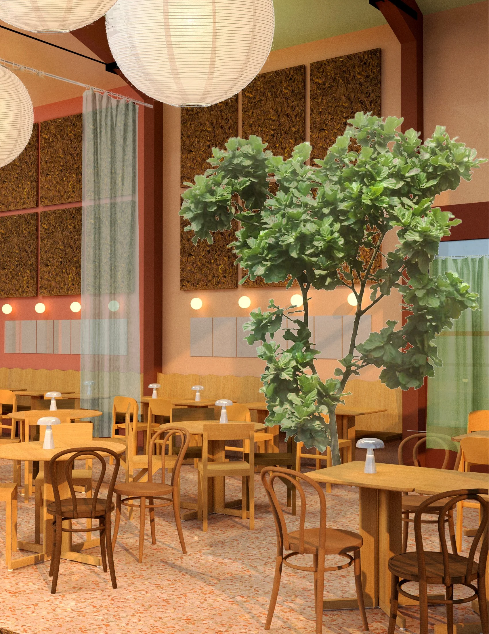 Indendørs restaurant med træborde, klinkegulv, grønne planter, papirrøgter ljusslynger, grønne gardiner og lydpassende vægdekorationer.