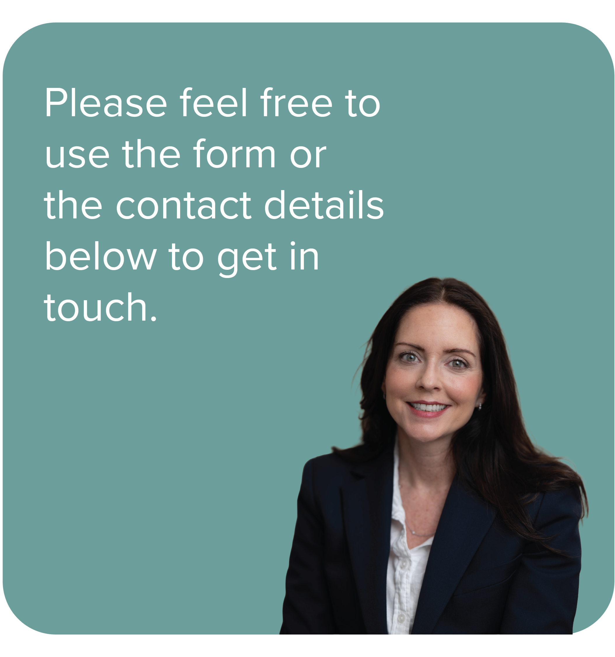 Woman in professional attire smiling, wearing white blouse and dark blazer, with shoulder-length dark hair, against a teal background.
