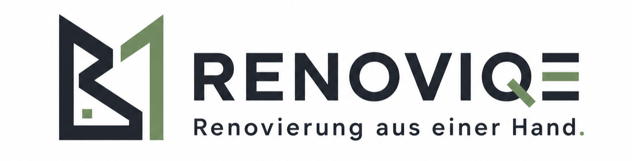 Logo von RENOVIQ mit dem Slogan 'Renovierung aus einer Hand' in Deutsch.