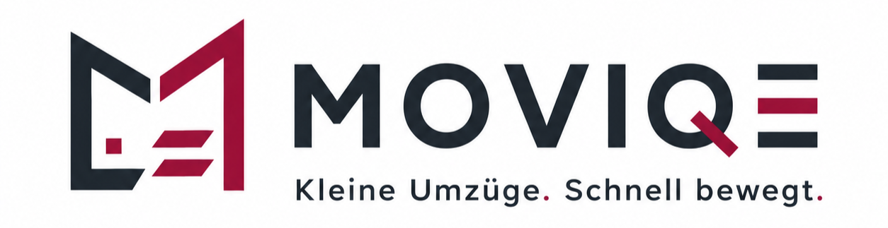Logo der Firma MOVIE mit einem stilisierten Umzugswagen und dem Slogan 'Kleine Umzüge. Schnell bewegt.'