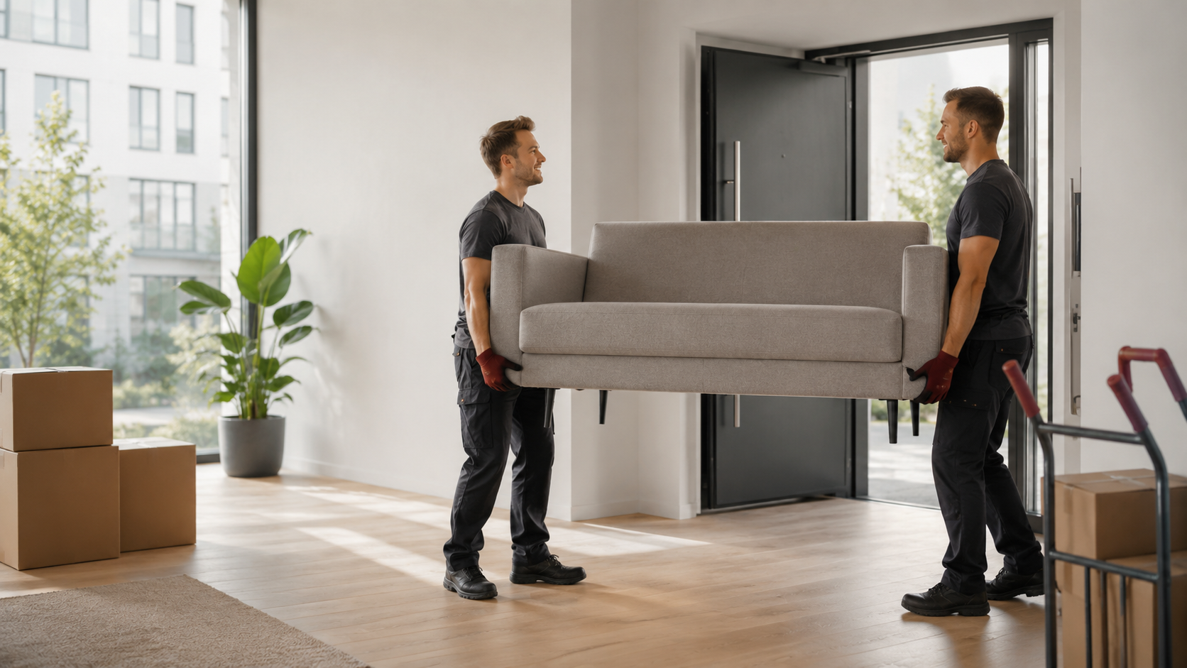 Zwei Männer tragen gemeinsam ein Sofa durch einen hellen Raum mit Holzboden, große Fenster und Pflanzen