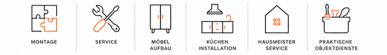 Icons und Texte für Dienstleistungen: Montage, Service, Möbelaufbau, Kücheninstallation, Hausmeisterservice, praktische Objektdienste.