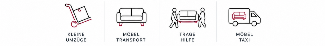 Symbole für Umzugshilfen: kleiner Handwagen, Sofa, zwei Personen tragen ein Sofa, Möbeltruck, mit Texten: kleine Umzüge, Möbeltransport, Tragehilfe, Möbel Taxi.
