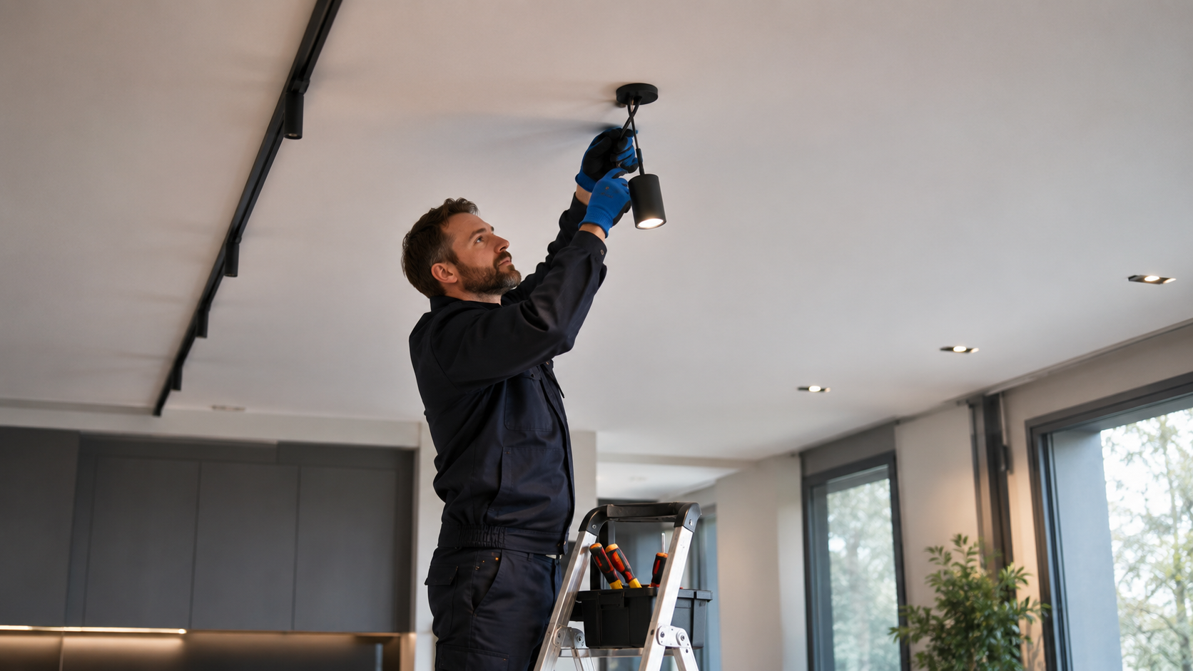 Mann arbeitet an der Decke, montiert ein downlight, steht auf einer Leiter voller Werkzeuge im modernen Wohnzimmer.