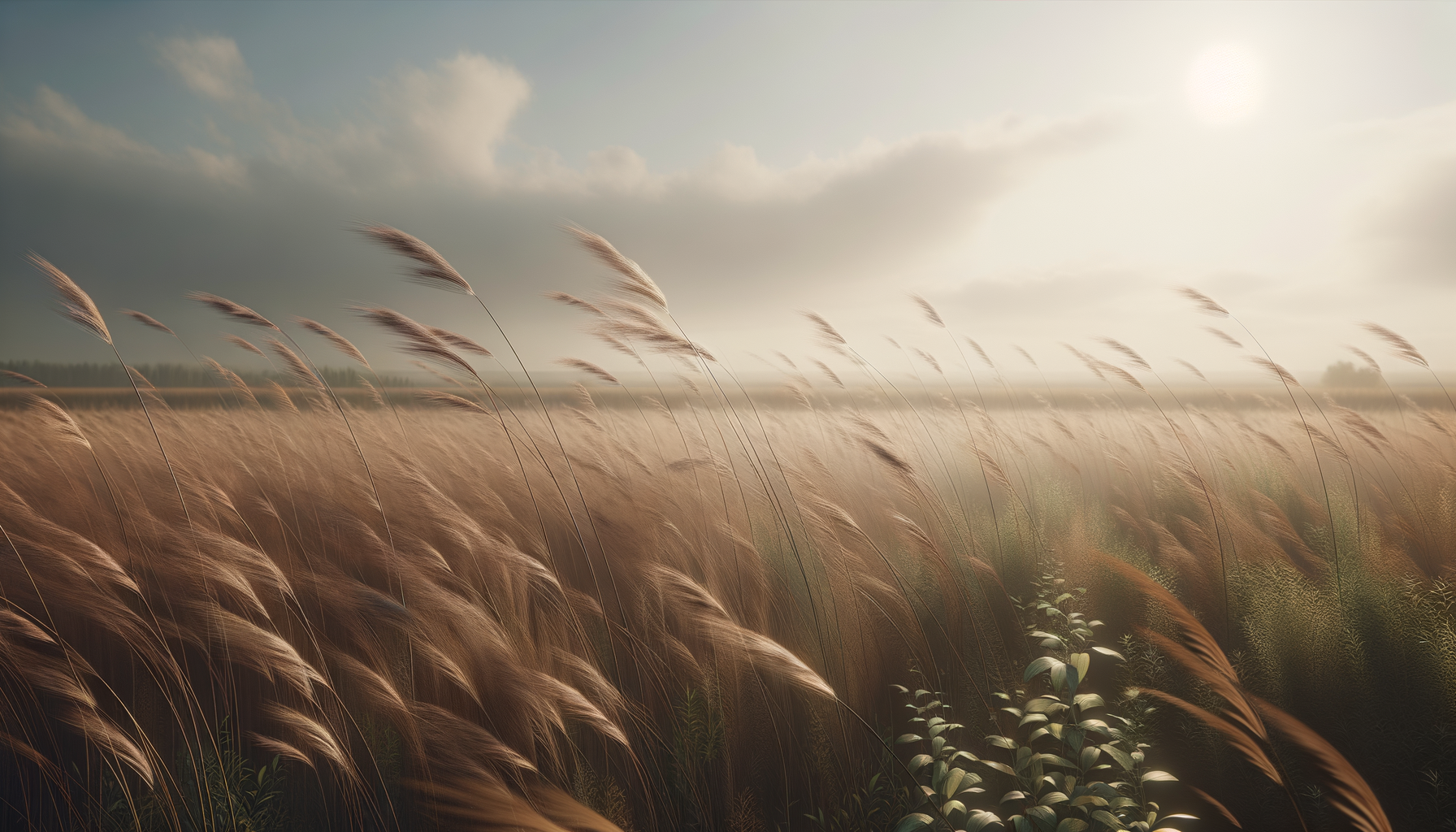 A field of tall, golden wheat grass swaying in the breeze under a cloudy sky with sunlight filtering through.