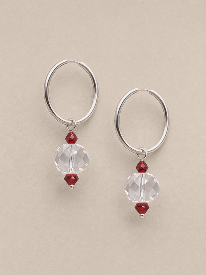 Crystals with Red Accents- Silver Hoops