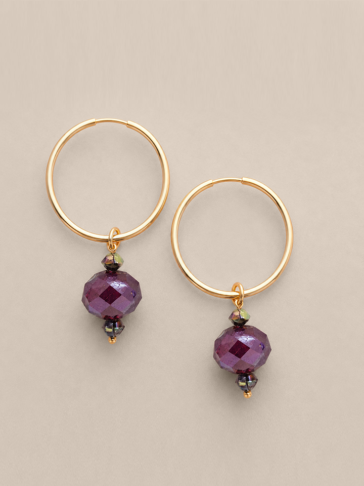 Dark Red Crystal - Gold Hoops