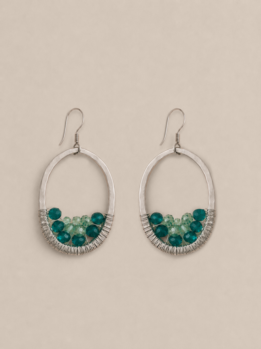 Green Crystal Drop Hoops - Silver