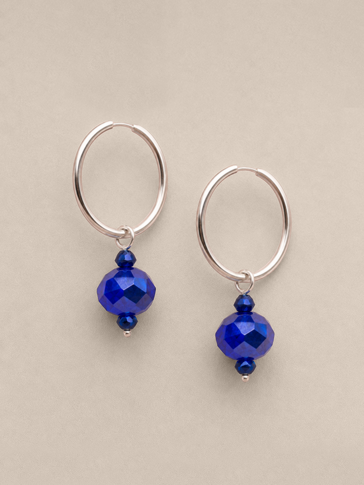 Blue Crystal Mini Silver Hoops