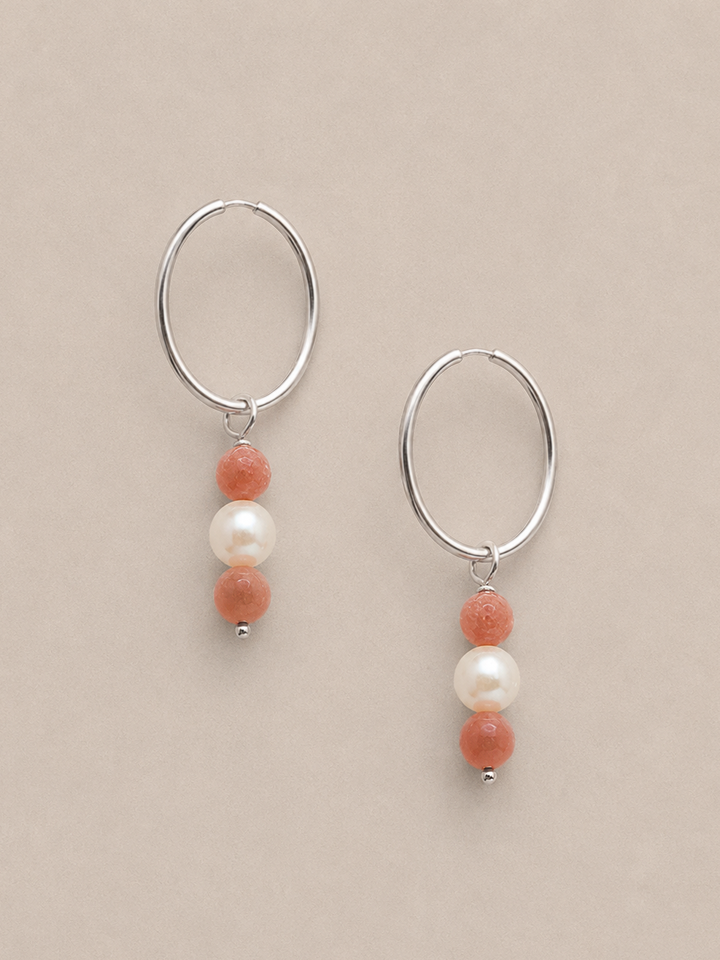 Coral and Pearl - Silver Hoops