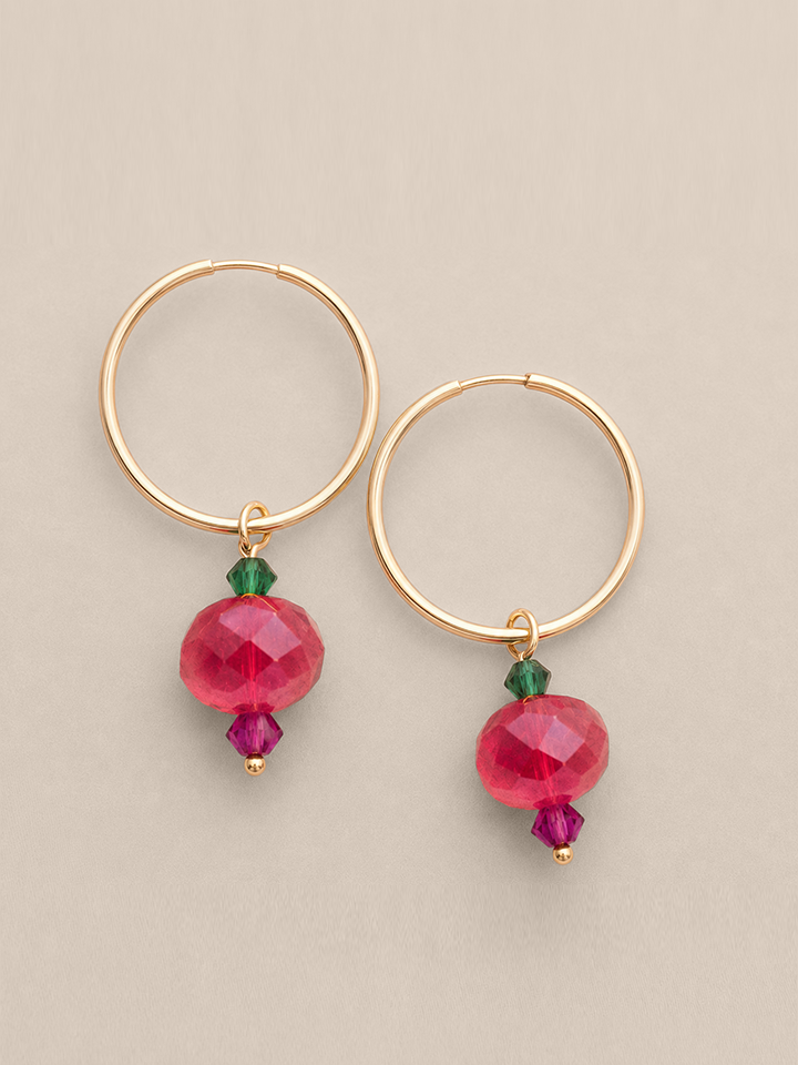 Ruby Crystals Hoops - Gold