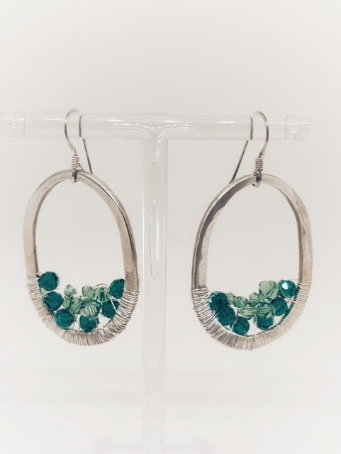 Green Crystal Drop Hoops - Silver