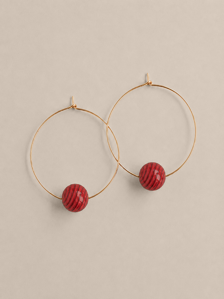 Red Glass Bauble Hoops - Gold