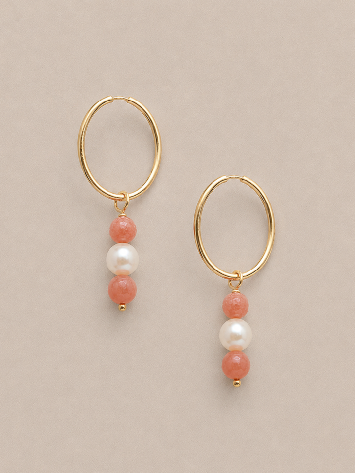 Coral and Pearl - Gold Hoops