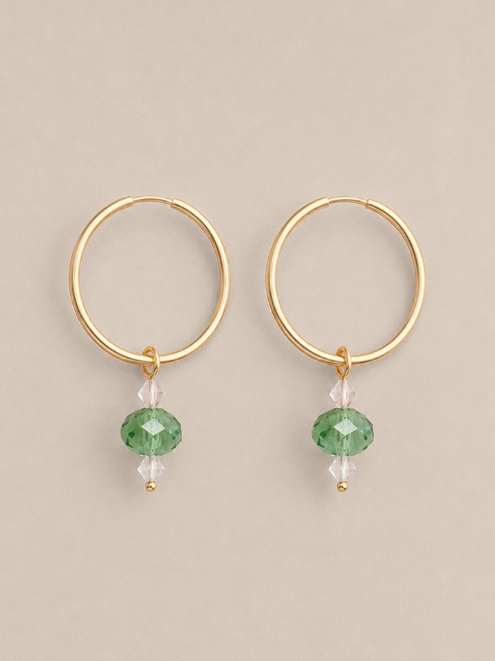 Green Crystal Small Hoops - Gold