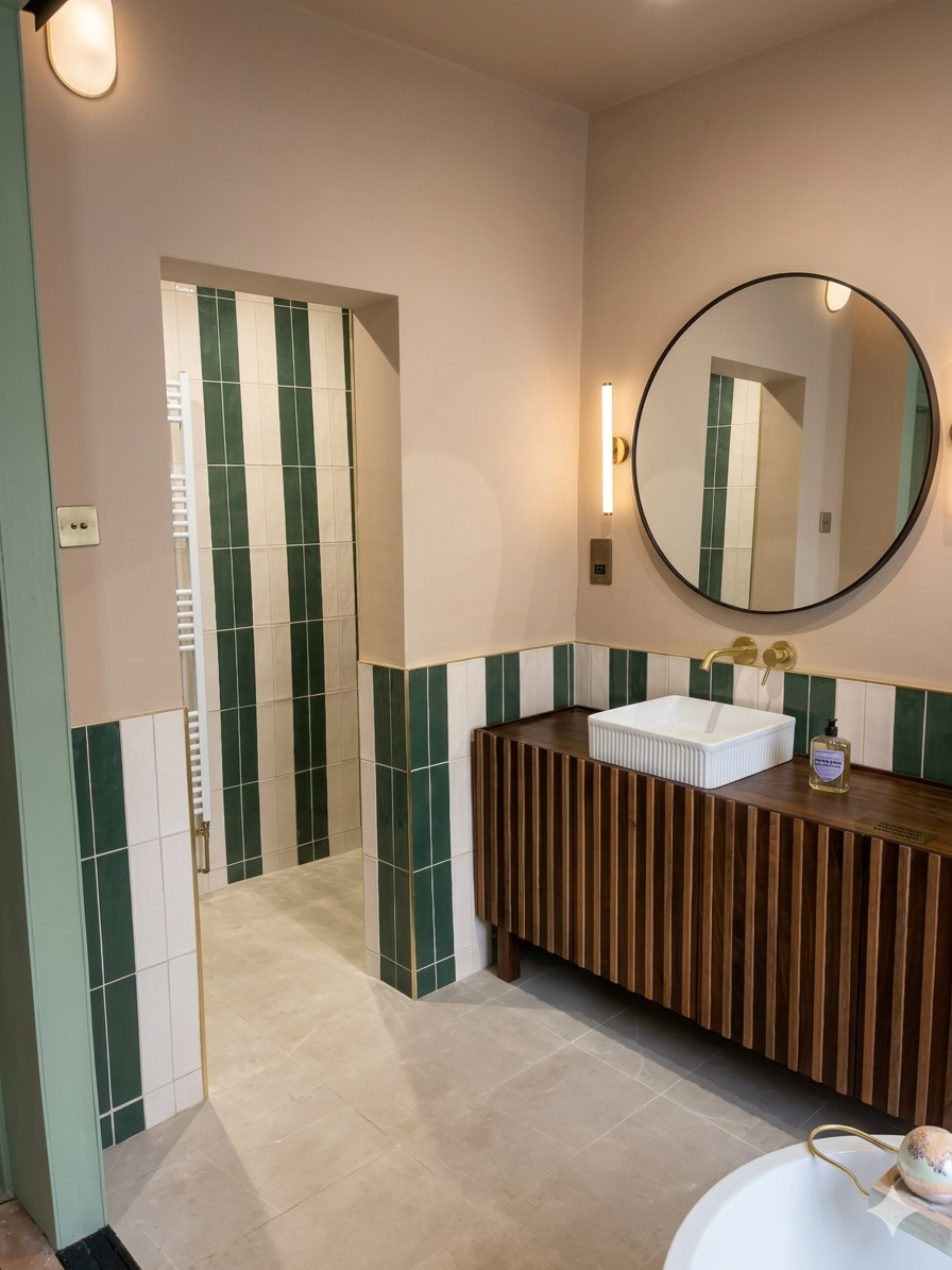 Modern bathroom with green and white tiled walls, round mirror, wooden vanity with vessel sink, wall-mounted faucet, and beige floor tiles. Renovatoin and install by Finn Magee of Pleco Kitchens and Bathrooms.