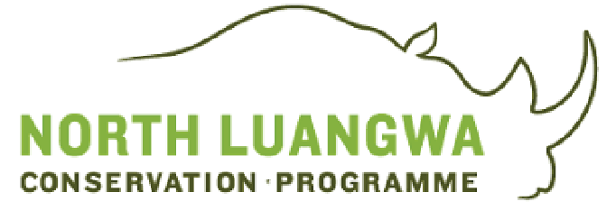 Logo of North Luangwa Conservation Programme featuring a line drawing of a rhinoceros head.