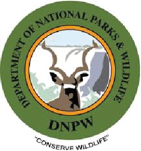 Seal of the Department of Natural Parks & Wildlife (DNPW) with a deer and a mountain in the background, and the motto 'Conserve Wildlife' at the bottom.
