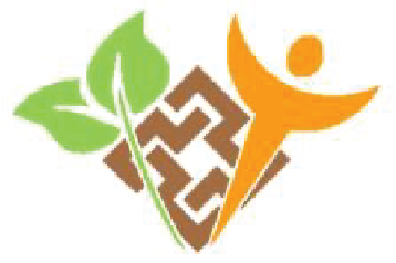 A stylized logo featuring green leaves, a human figure in orange, and a brown geometric pattern.
