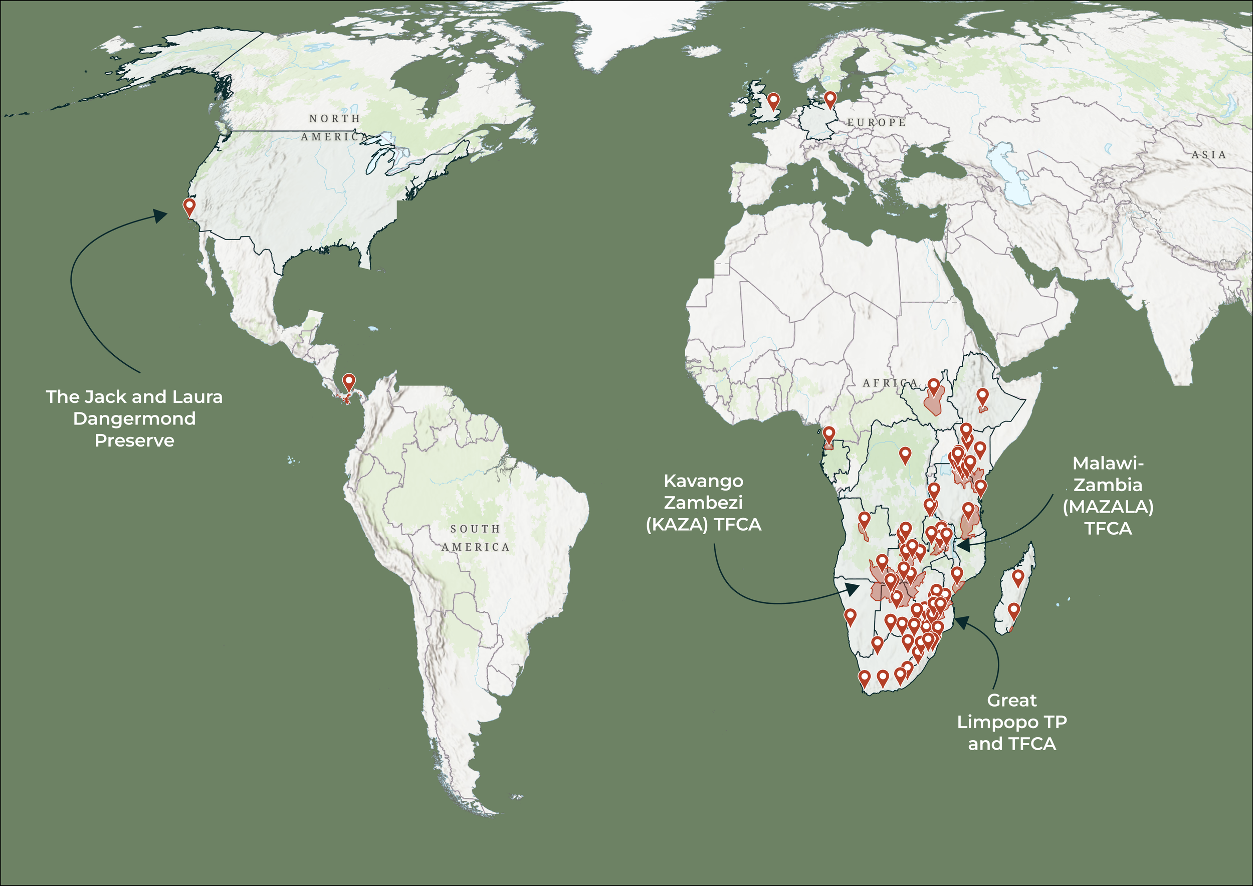 A world map highlighting regions in Africa and the Americas, showing locations of specific conservation areas. Notable highlighted regions include The Jack and Laura Dangedmond Preserve off the coast of California, Kavango Zambezi (KAZA) TFCA in Namibia, Zimbabwe, Botswana, and Angola, Malawi-Zambia (MAZALA) TFCA, and Great Limpopo Transfrontier Conservation Area in southern Africa. The map also labels North America, South America, Europe, Asia, and Africa.