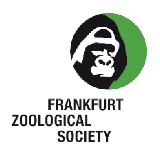 Logo of Frankfurt Zoological Society featuring a stylized chimpanzee face in black outline with a green curved background and the text underneath reading 'Frankfurt Zoological Society'.