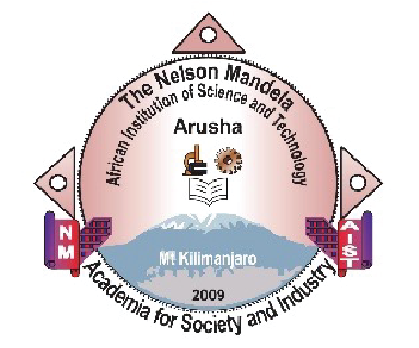 Seal of the Nelson Mandela African Institute of Science and Technology featuring a mountain, a microscope, a book, and gears, with the text indicating it is in Arusha, established in 2009, and part of an academic and industrial industry.