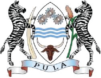 A shield with two zebras standing on either side, a buffalo head beneath, gears and waves above, and a banner with the word "PULA" underneath.