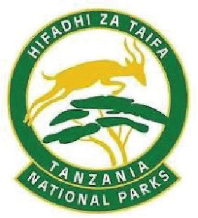Emblem of Tanzania National Parks featuring a leaping antelope and stylized plants in green, yellow, and white with the text 'HIFADHI ZA TAIFA TANZANIA NATIONAL PARKS'