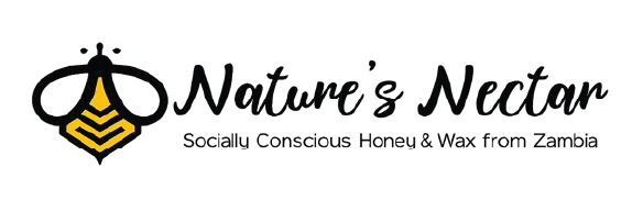 Logo for Nature's Nectar, featuring a stylized bee with yellow and black stripes, accompanied by the text "Nature's Nectar" and a tagline "Social Conscience Honey & Bee Products".