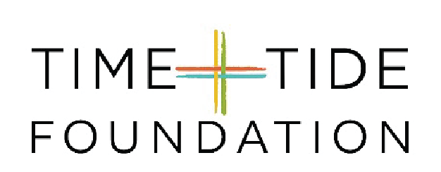 Logo of the TIME TIDE Foundation with stylized cross and colorful lines.