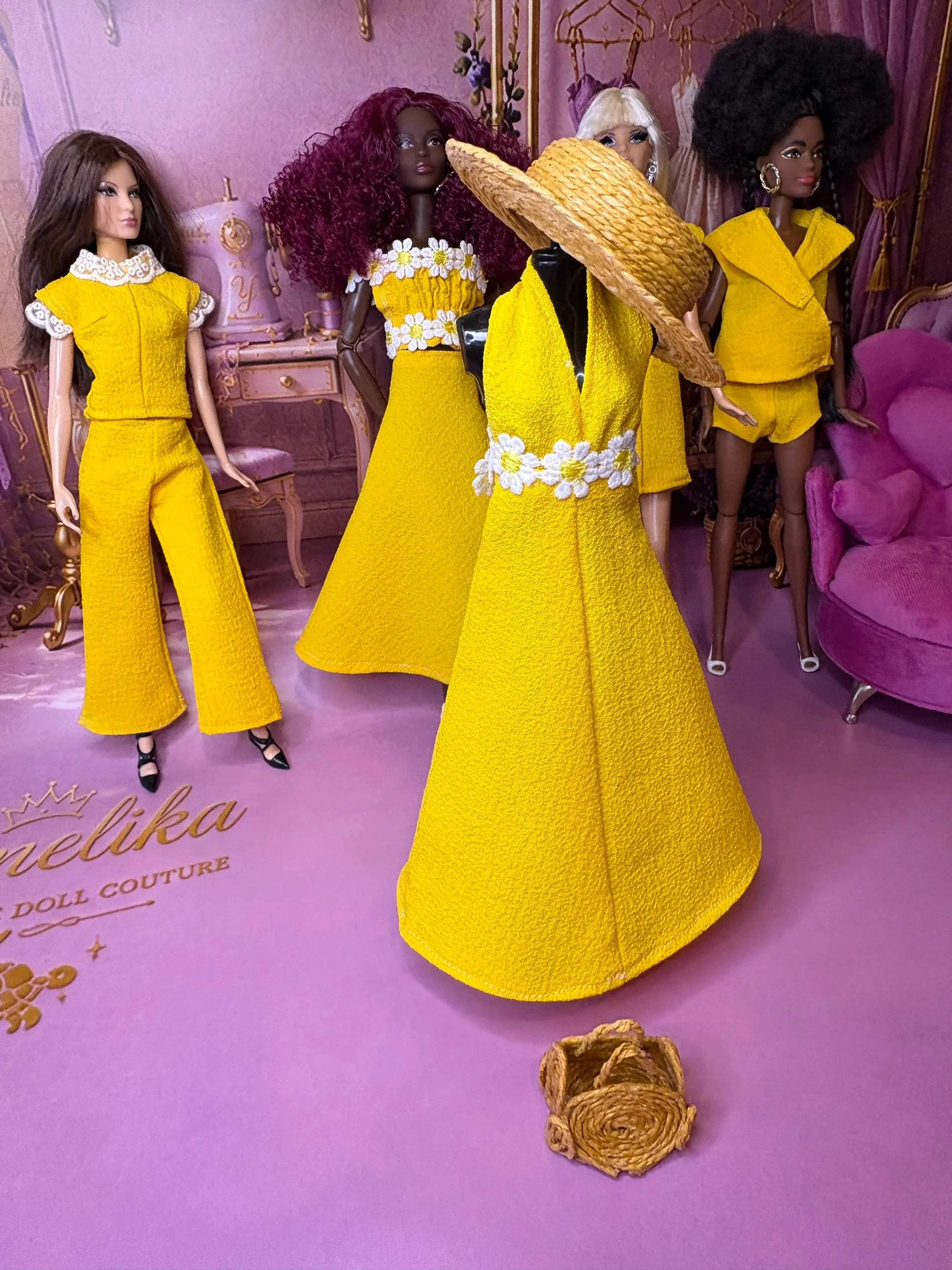 Lemon Drop handmade fashion doll clothing collection by Yamelika, featuring yellow doll outfits, dresses, separates, a straw hat and handcrafted miniature accessories.