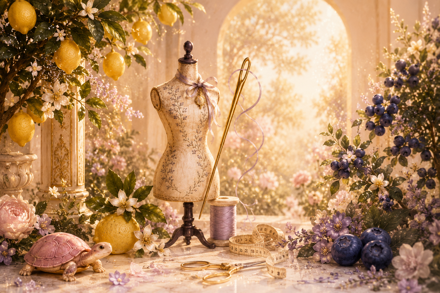 A sewing or crafting display with a mannequin, scissors, measuring tape, and thread, surrounded by lemon and blueberry branches with flowers in a warm, outdoor setting.