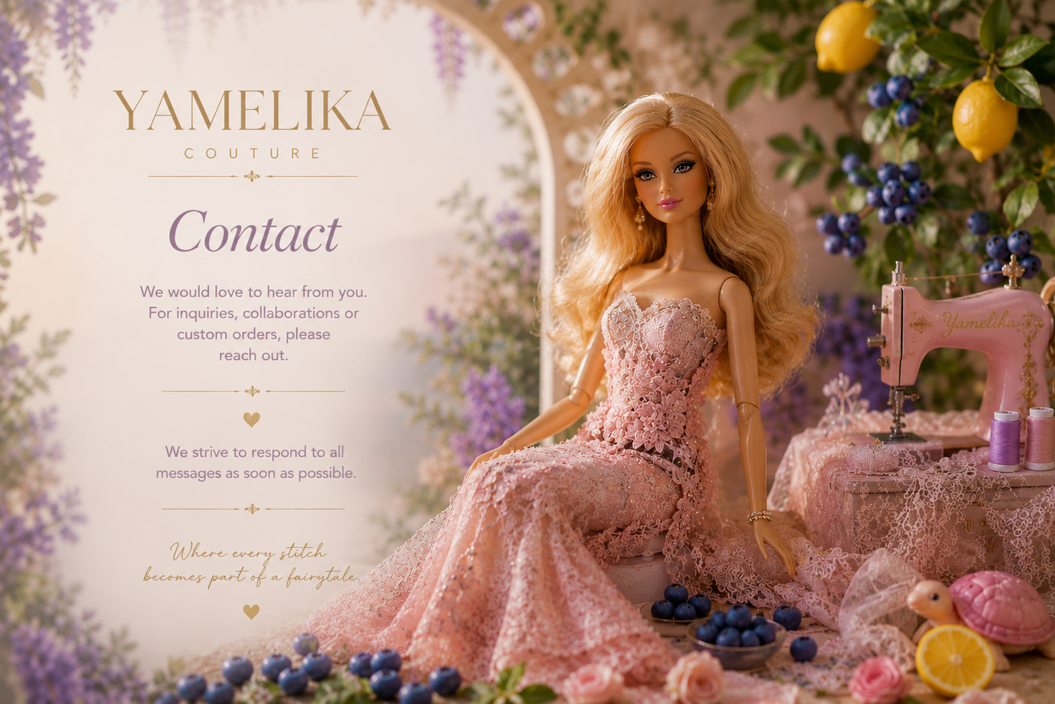 A fashion doll wearing a pink lace gown sitting with sewing supplies and decorative elements including lemons, blueberries, a turtle plush toy, and pink roses, with a sign reading 'Yamelika Couture' and contact information.