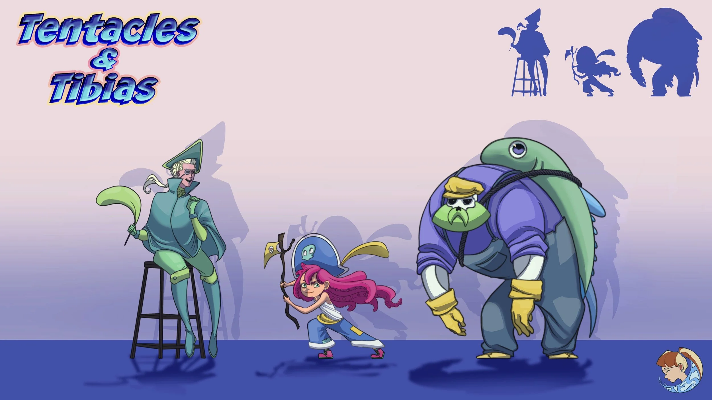 Colorful illustration of characters from Tentacles & Tibias, including a wizard, a humanoid turtle, a girl with pink hair, and a large reptilian creature, with silhouettes of more characters in the background and the title "Tentacles & Tibias" in col